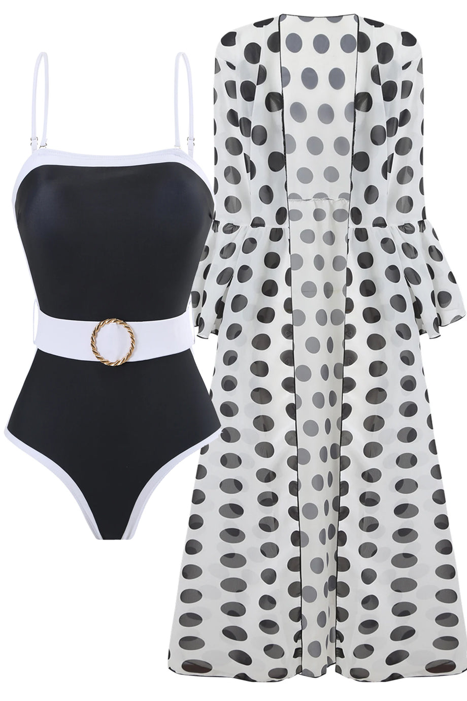 Capri Dots Ολόσωμο Μαγιό με Ζώνη & Καφτάνι με Πουά Σχέδιο | Γυναικεία Μαγιό - Ολόσωμα - Swimwear | Capri Dots Polka Dot Kimono & Belted Swimsuit Set
