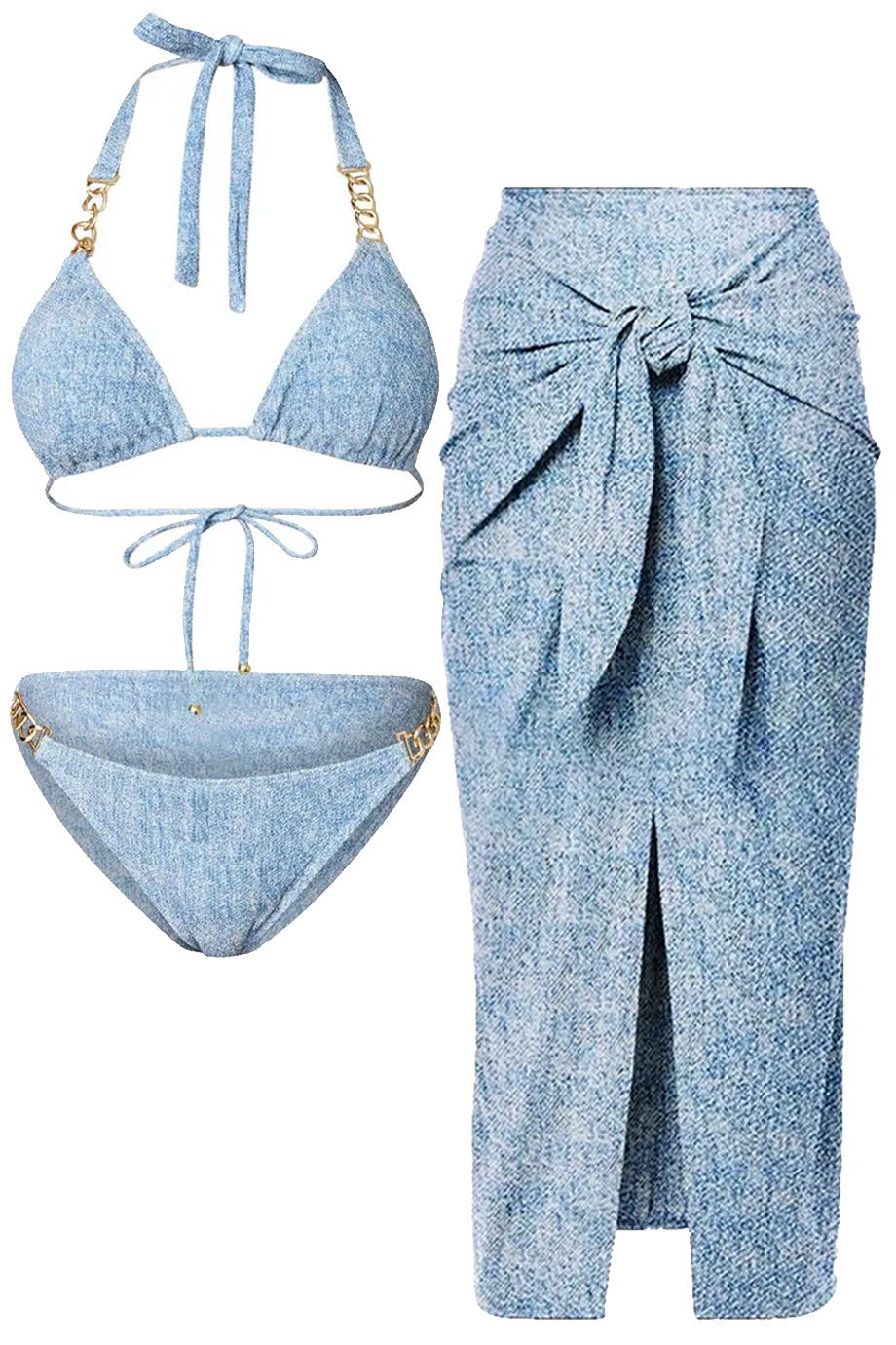 Alvienne Bikini Bleu avec Chaîne et Ensemble Paréo