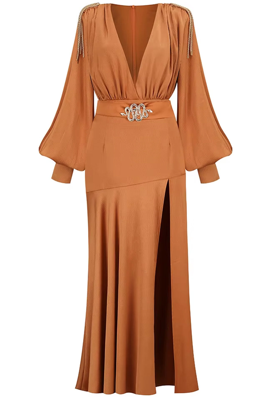 Sermina Καμηλό Σατέν Βραδινό Φόρεμα | Βραδινά Φορέματα - Evening Dresses | Sermina Camel Satin Evening Dress