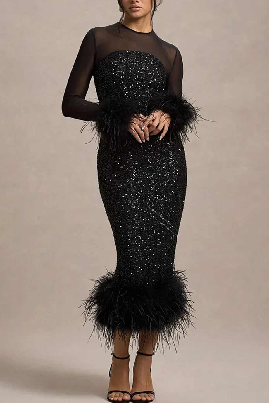 Dalisse Φόρεμα με Παγιέτες και Φτερά | Βραδινά Φορέματα Evening Dresses | Dalisse Sequin Midi Dress with Feather Trim