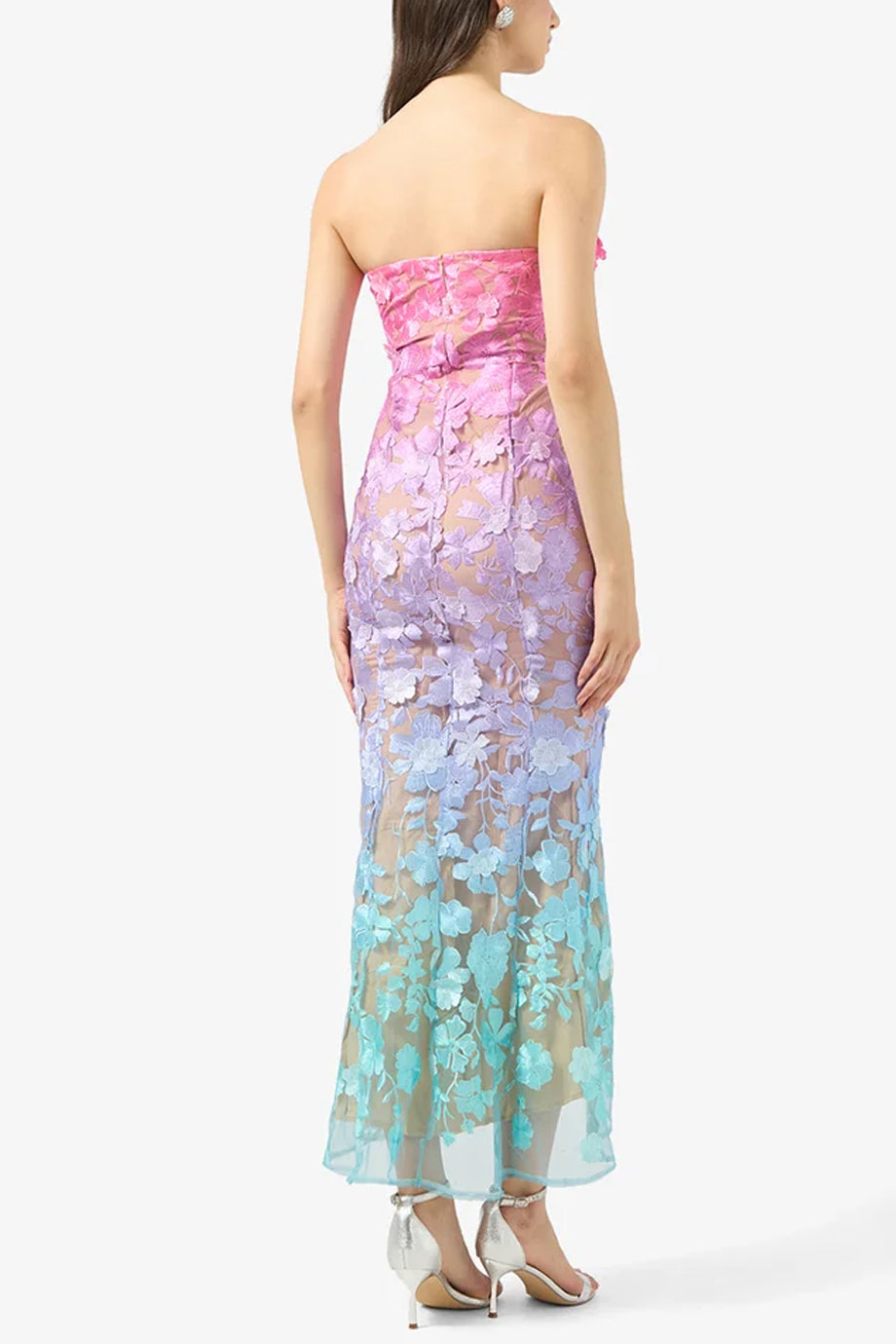 Evania Στράπλες Φόρεμα με Φλοράλ Δαντέλα και Ombre Χρώματα | Βραδινά Φορέματα - Evening Dresses | Evania Strapless Ombre Floral Lace Evening Dress