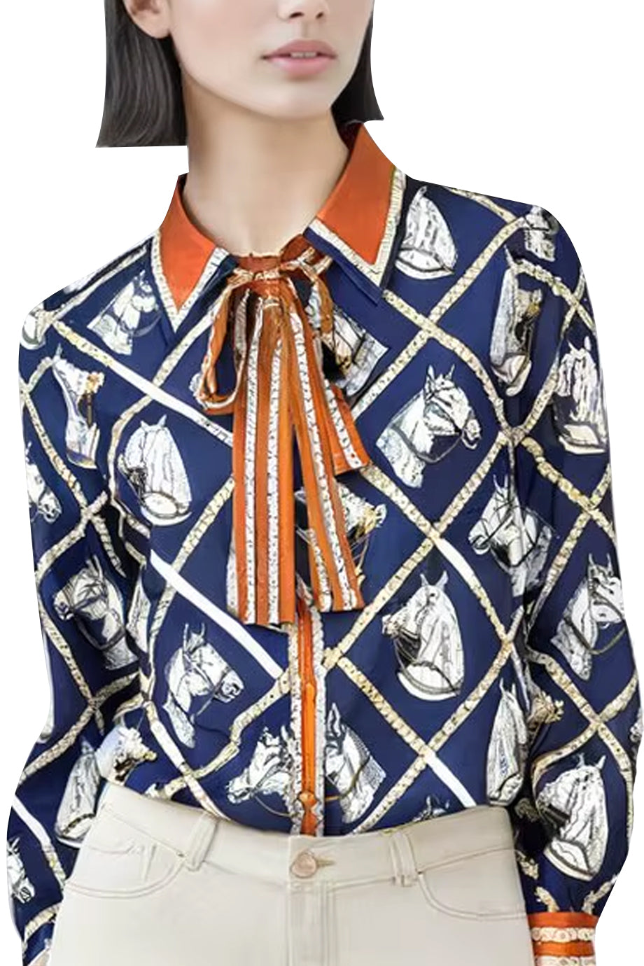 Bronco Εμπριμέ Πουκάμισο με Φιόγκο | Γυναικεία Ρούχα - Πουκάμισα Τοπ | Bronco Equestrian Print Shirt With Bow