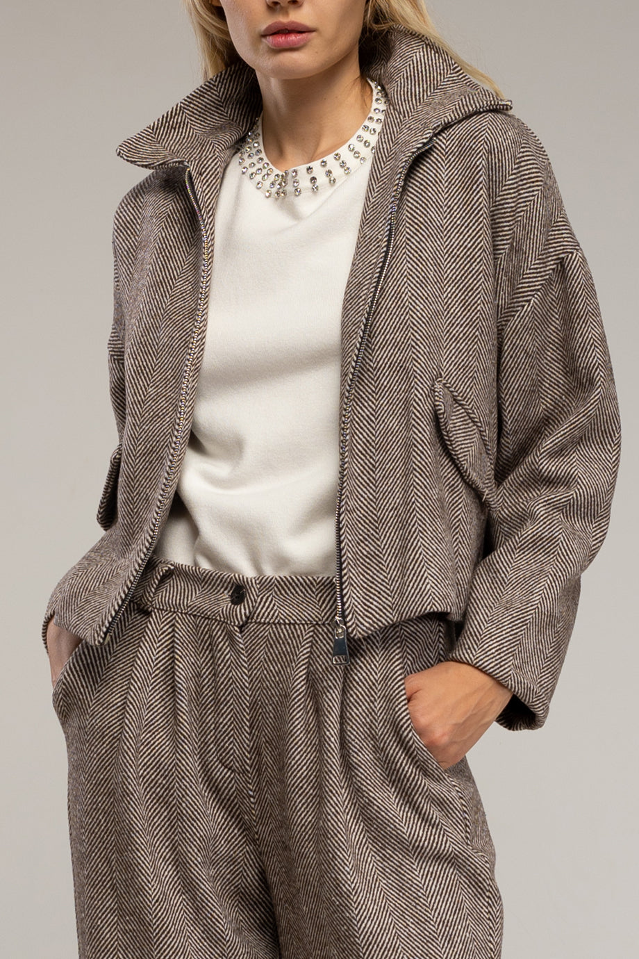 Odianne Μπουφάν με Φερμουάρ | Ζακέτες Μουφάν Cardigans | Odianne Herringbone Jacket with Zip Closure