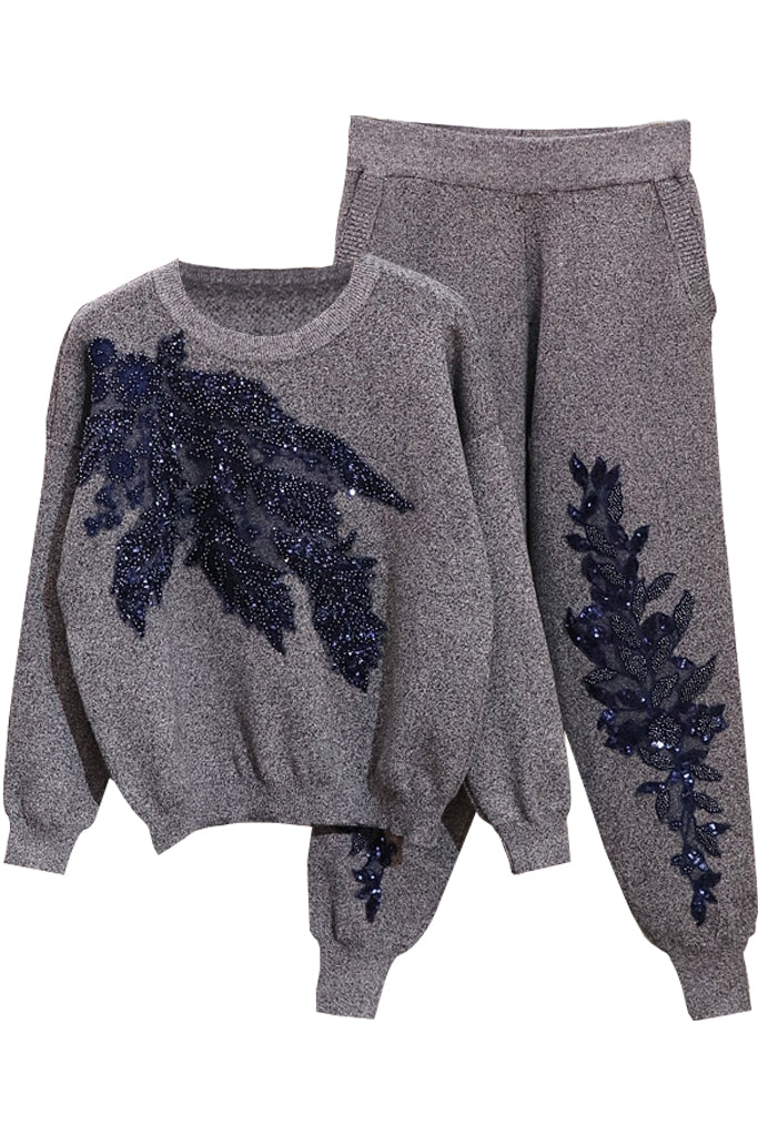 Agnetha Γκρι Σετ Πουλόβερ και Παντελόνι με Κέντημα