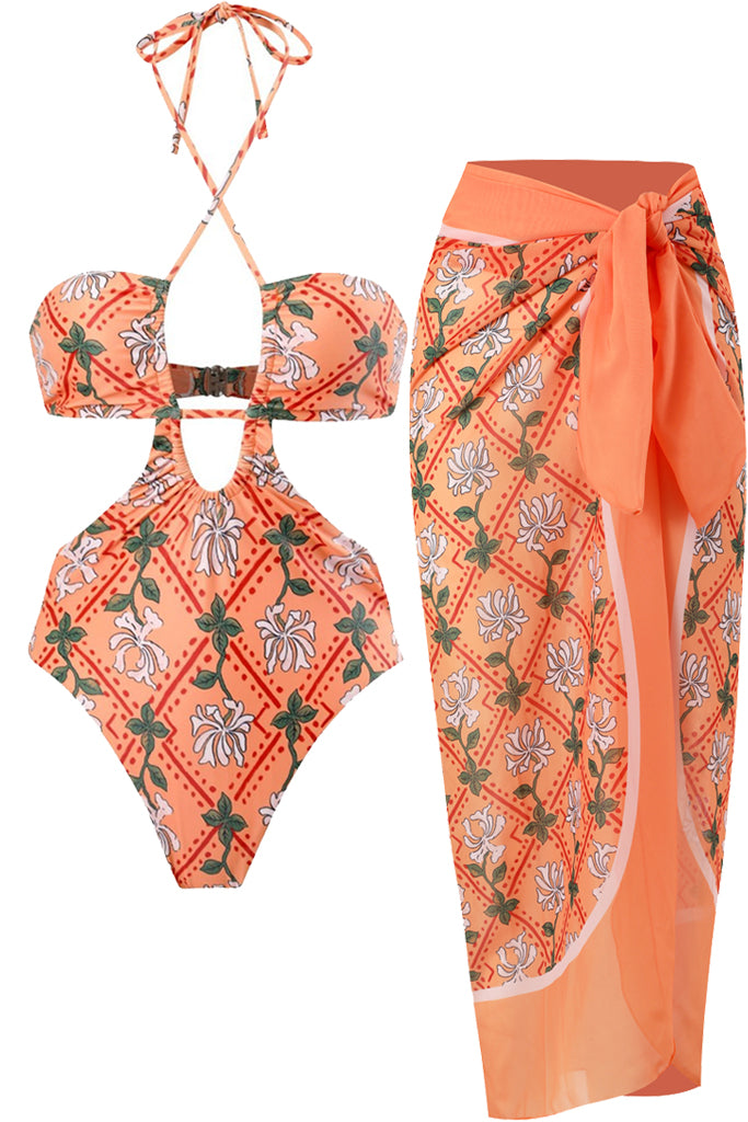 Finy Colorful Printed One Piece Swimsuit with Pareo