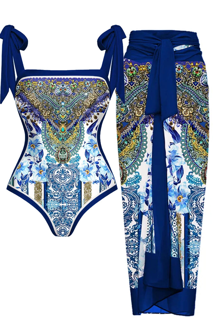 Jabber Μπλε Εμπριμέ Ολόσωμο Μαγιό με Παρεό | Γυναικεία Μαγιό Παρεό - Ολόσωμα  - Swimwear | Jabber Blue Printed One Piece Swimsuit with Pareo Set