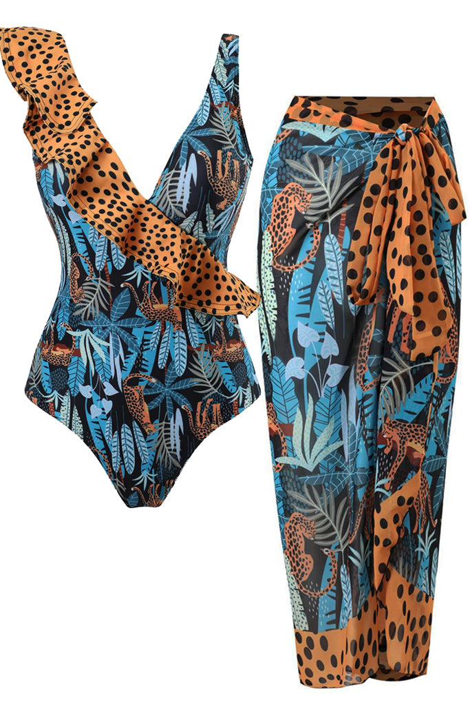 Leola Μπλε Εμπριμέ Ολόσωμο Μαγιό με Παρεό με Animal Print | Γυναικεία Μαγιό Παρεό - Ολόσωμα  - Swimwear | Leola Blue Printed One Piece Swimsuit with Pareo Set