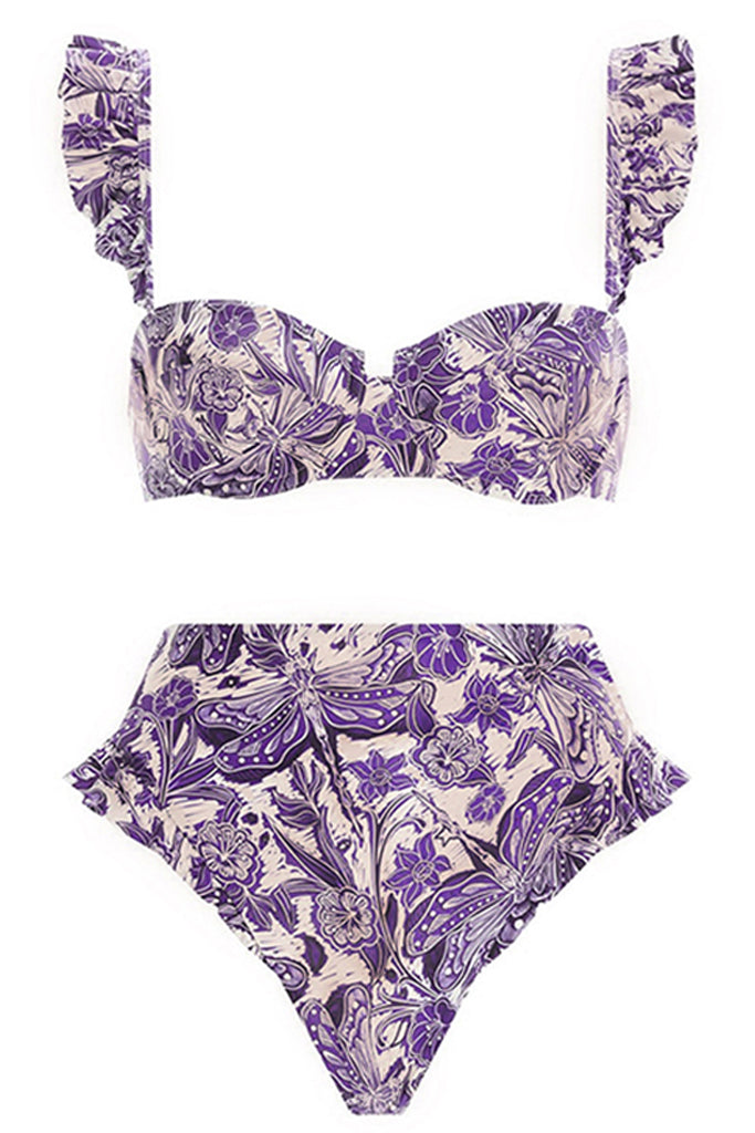 Rabele Μωβ Εμπριμέ Μπικίνι Μαγιό με Παρεό | Γυναικεία Μαγιό Παρεό - Μπικίνι- Swimwear | Rabele Purple Printed Bikini with Pareo Set