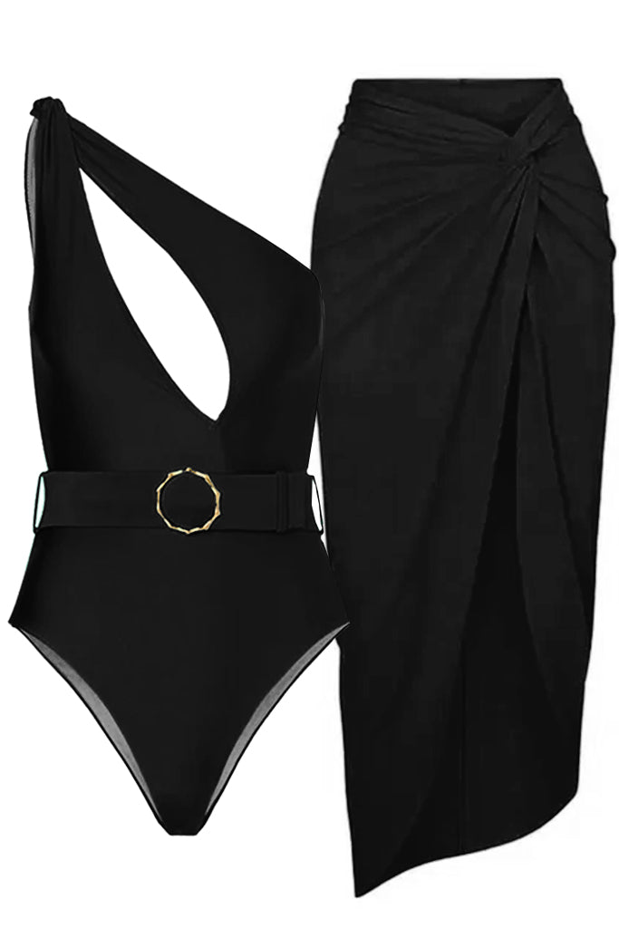 Henly Μαύρο Ολόσωμο Μαγιό και Παρεό Φούστα | Γυναικεία Μαγιό Παρεό - Ολόσωμα  - Swimwear | Henly Black One Piece Swimsuit with Pareo Skirt