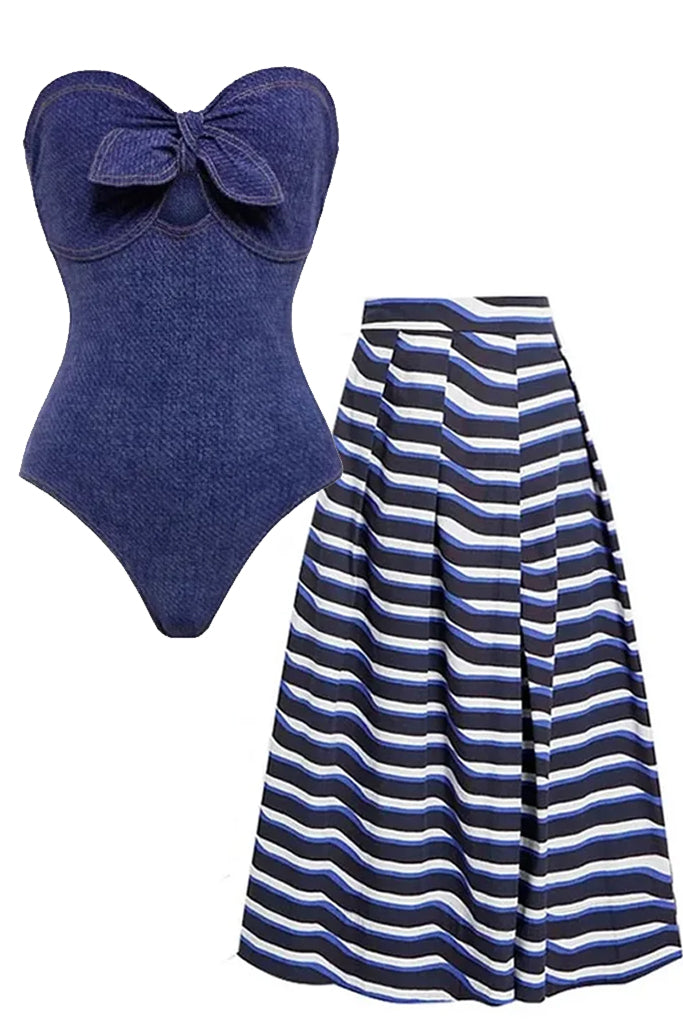 COCO FAREL Karsin Μπλε Ολόσωμο Μαγιό και Παρεό Φούστα | Γυναικεία Μαγιό Παρεό - Ολόσωμα  - Swimwear | Karsin Blue One Piece Swimsuit with Pareo Skirt