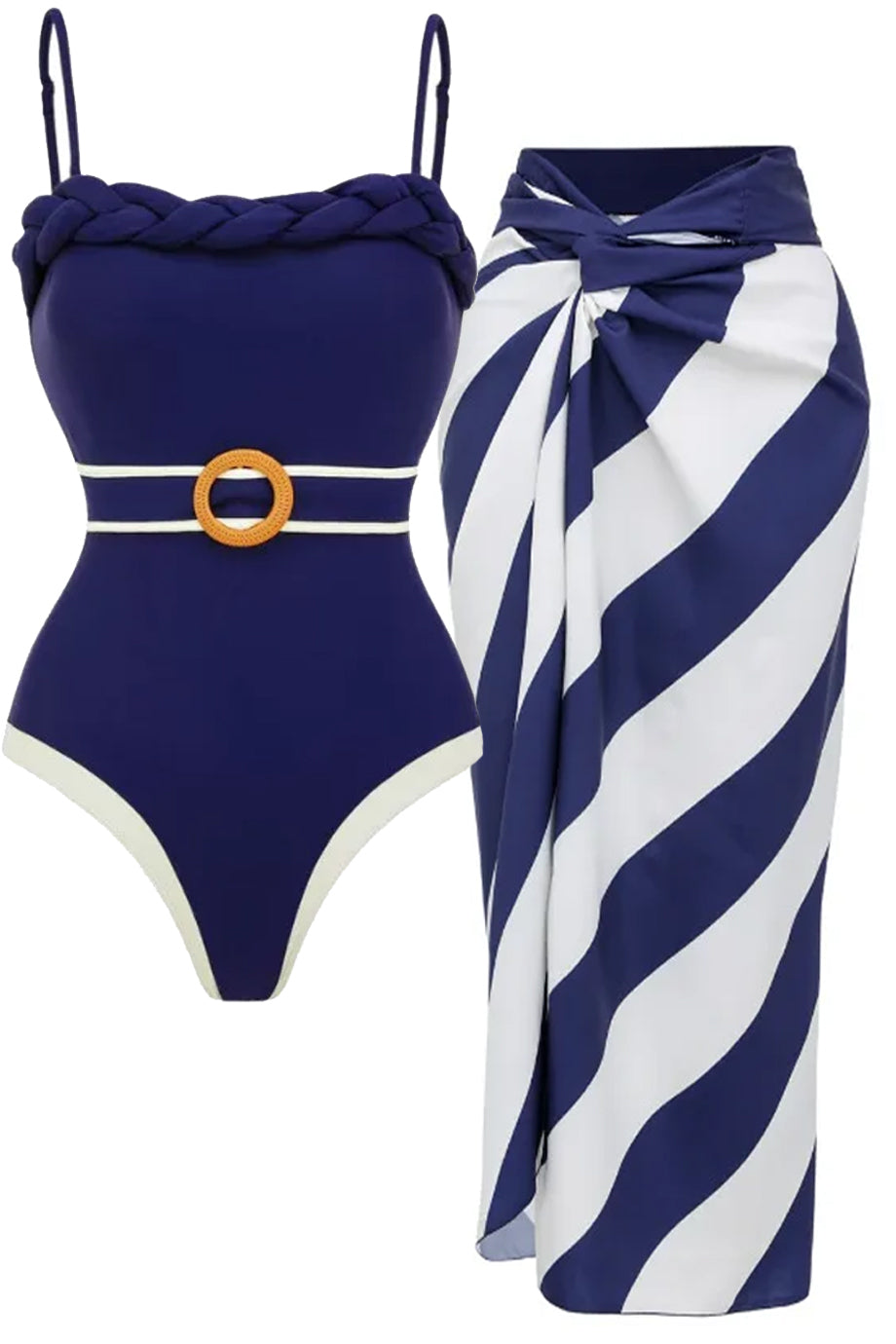 Ethna Μπλε Ολόσωμο Μαγιό με Ζώνη και Παρεό Σετ | Μαγιό - Ολόσωμα - Swimwear One Piece | Ethna Blue One-Piece Swimsuit with Belt and Pareo Set