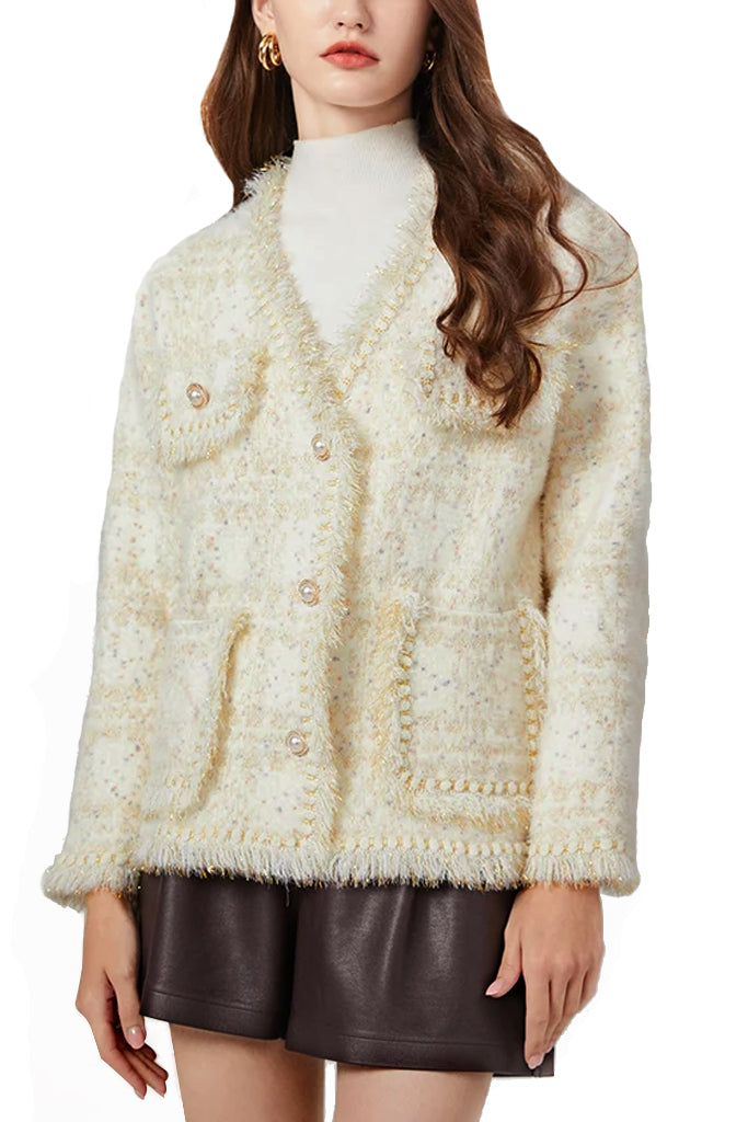 Rosalind Εκρού Tweed Πλεκτή Ζακέτα | Γυναικεία Ρούχα - Πλεκτές Ζακέτες | Rosalind Cream Knit Cardigan