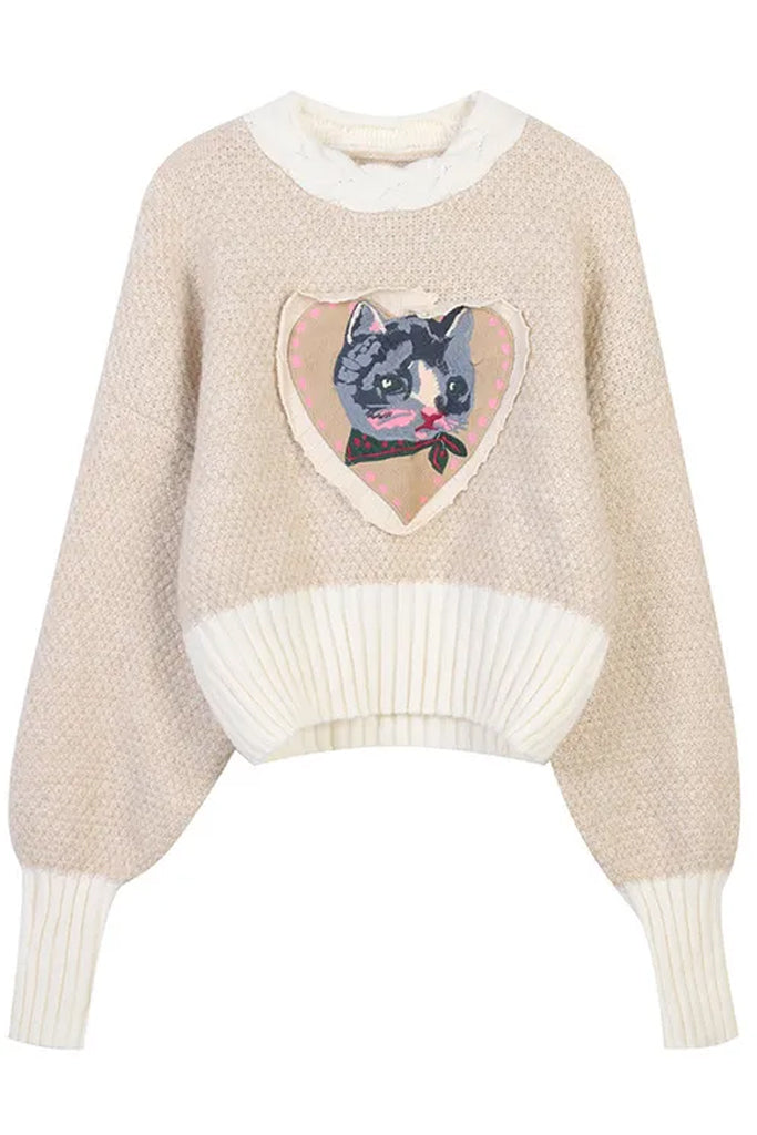 Kitycat Πουλόβερ με Σχέδιο Γάτας | Γυναικεία Ρούχα - Πουλόβερ - Πλεκτά | Kitycat Beige Sweater