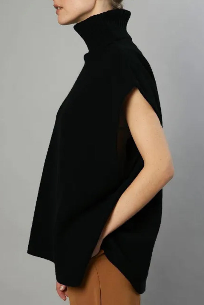 Evina Μαύρο Αμάνικο Πουλόβερ με Ζιβάγκο | Γυναικεία Ρούχα - Πουλόβερ Πλεκτά | Evina Black Sleeveless Oversized Turtleneck Sweater