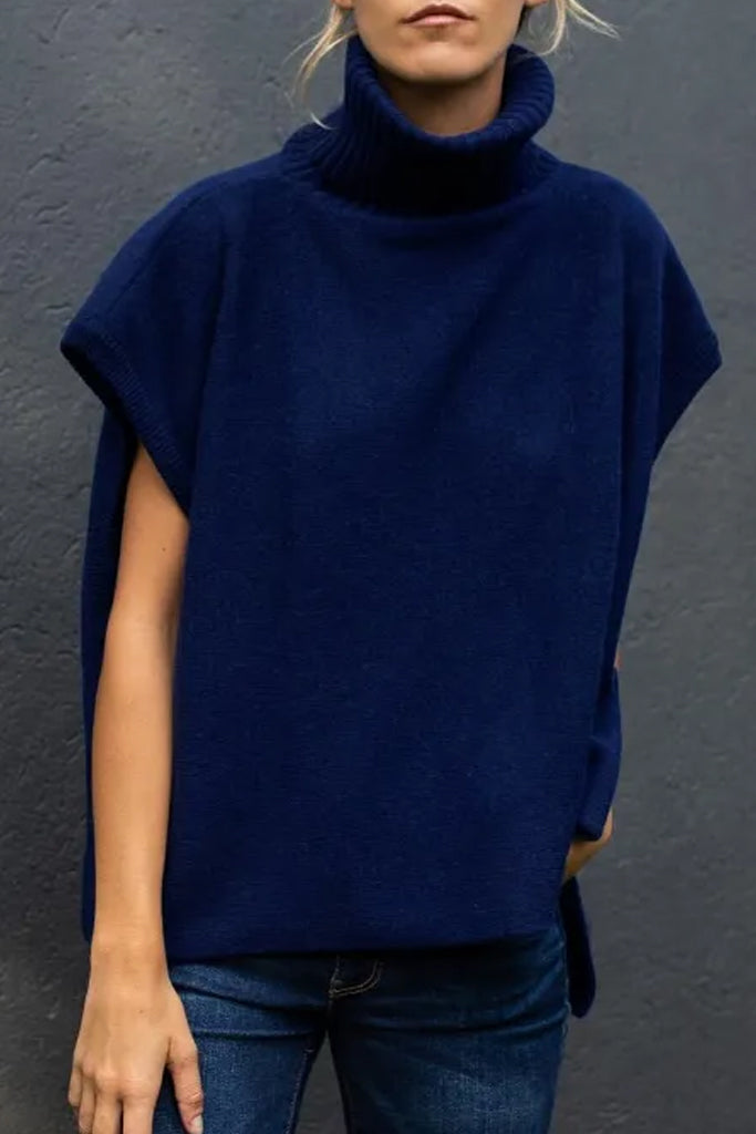 Evina Μπλε Αμάνικο Πουλόβερ με Ζιβάγκο | Γυναικεία Ρούχα - Πουλόβερ Πλεκτά | Evina Blue Sleeveless Oversized Turtleneck Sweater