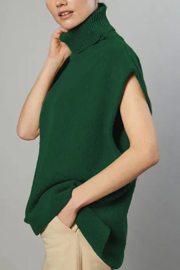 Evina Πράσινο Αμάνικο Πουλόβερ με Ζιβάγκο | Γυναικεία Ρούχα - Πουλόβερ Πλεκτά | Evina Green Sleeveless Oversized Turtleneck Sweater