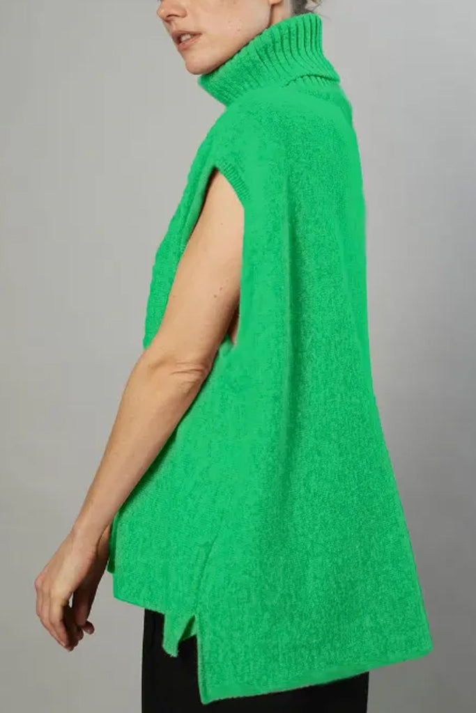 Evina Πράσινο Σμαραγδί Αμάνικο Πουλόβερ με Ζιβάγκο | Γυναικεία Ρούχα - Πουλόβερ Πλεκτά | Evina Emerald Green Sleeveless Oversized Turtleneck Sweater