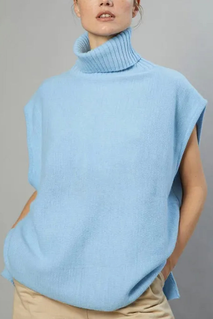 Evina Γαλάζιο Αμάνικο Πουλόβερ με Ζιβάγκο | Γυναικεία Ρούχα - Πουλόβερ Πλεκτά | Evina Γαλάζιο Sleeveless Oversized Turtleneck Sweater