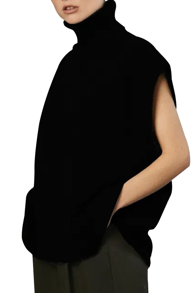 Evina Μαύρο Αμάνικο Πουλόβερ με Ζιβάγκο | Γυναικεία Ρούχα - Πουλόβερ Πλεκτά | Evina Black Sleeveless Oversized Turtleneck Sweater