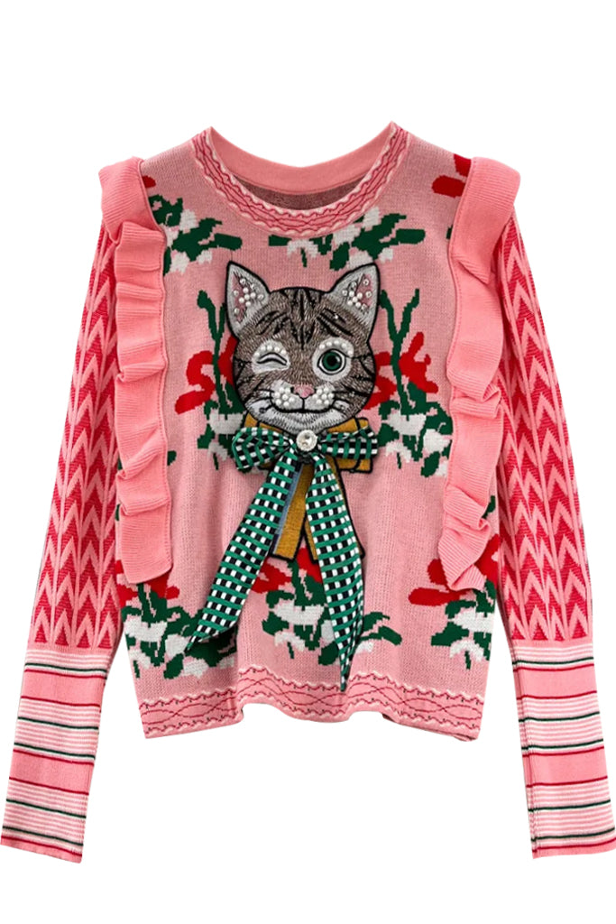 Viola Ροζ Πουλόβερ με Γατάκι | Γυναικεία Ρούχα - Πουλόβερ | Viola Pink Sweater with Cat Embroidery