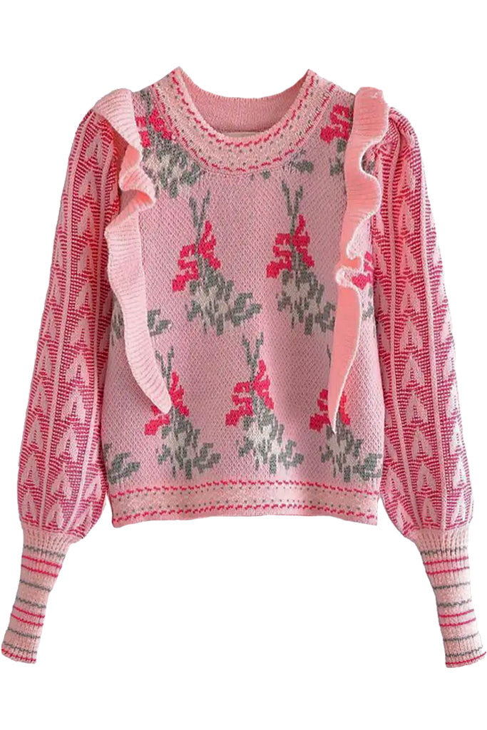 Grinney Ροζ Φλοράλ Πουλόβερ | Γυναικεία Ρούχα - Πουλόβερ | Grinney Floral Sweater