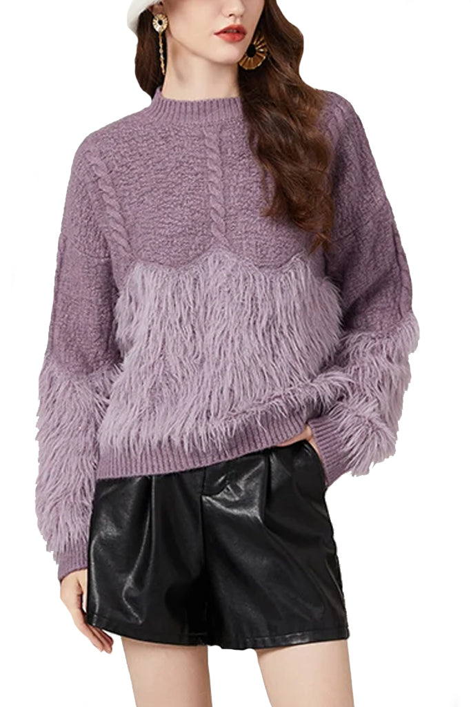 Dissa Μωβ Πλεκτό Πουλόβερ | Γυναικεία Ρούχα - Πλεκτές Ζακέτες | Dissa Purple Knit Sweater with Faux Fur