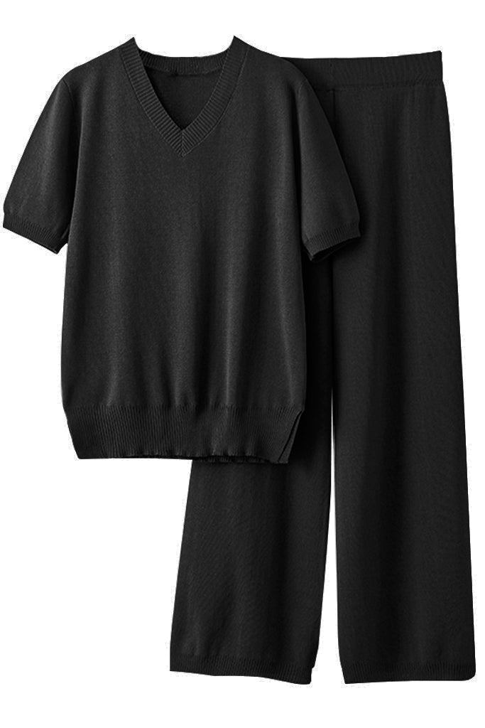 Farley Μαύρο Πλεκτό Σετ Τοπ και Παντελόνι | Γυναικεία Ρούχα - Πλεκτά Σετ - Moncye | Farley Black Knitted Set with Top and Pants