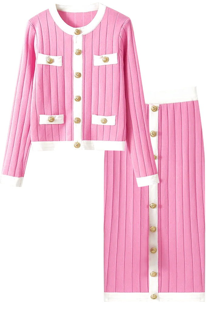 Salina Ροζ Πλεκτό Σετ Ζακέτα και Φούστα | Πλεκτά Σετ Knitwear | Salina Pink Knit Set with Jacket and Skirt