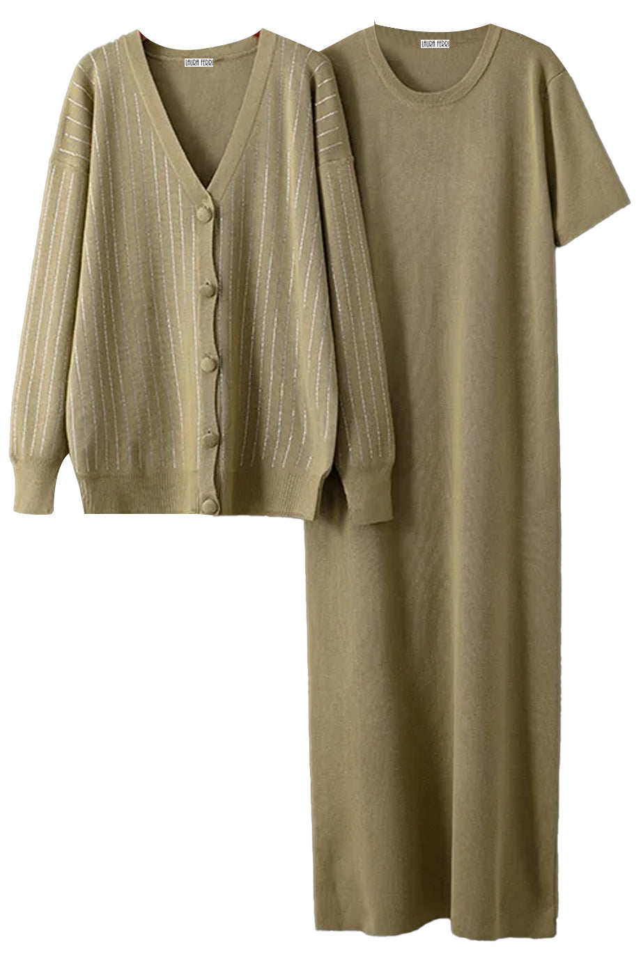 Sylvette Λαδί Σετ με Πλεκτό Φόρεμα και Ζακέτα | Πλεκτά Σετ - Knit Sets | Sylvette Olive Green Knit Set with Dress and Cardigan