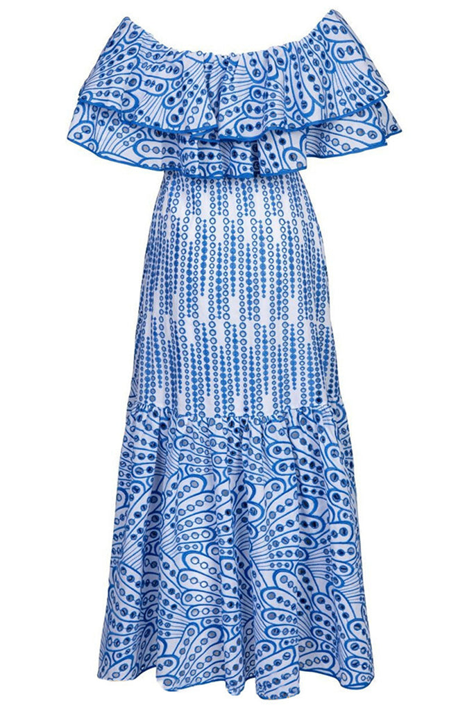 Canaria Μπλε Φόρεμα με Βολάν | Γυναικεία Ρούχα - Φορέματα Canaria Canaria Blue Off-the shoulder Dress