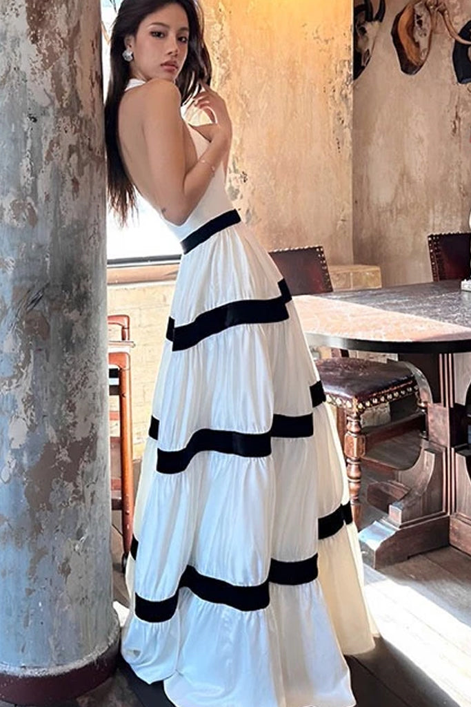 Garsilia Λευκό Ριγέ Μακρύ Φόρεμα με Βολάν | Γυναικεία Ρούχα - Φορέματα | Garsilia White Stripped Maxi Dress