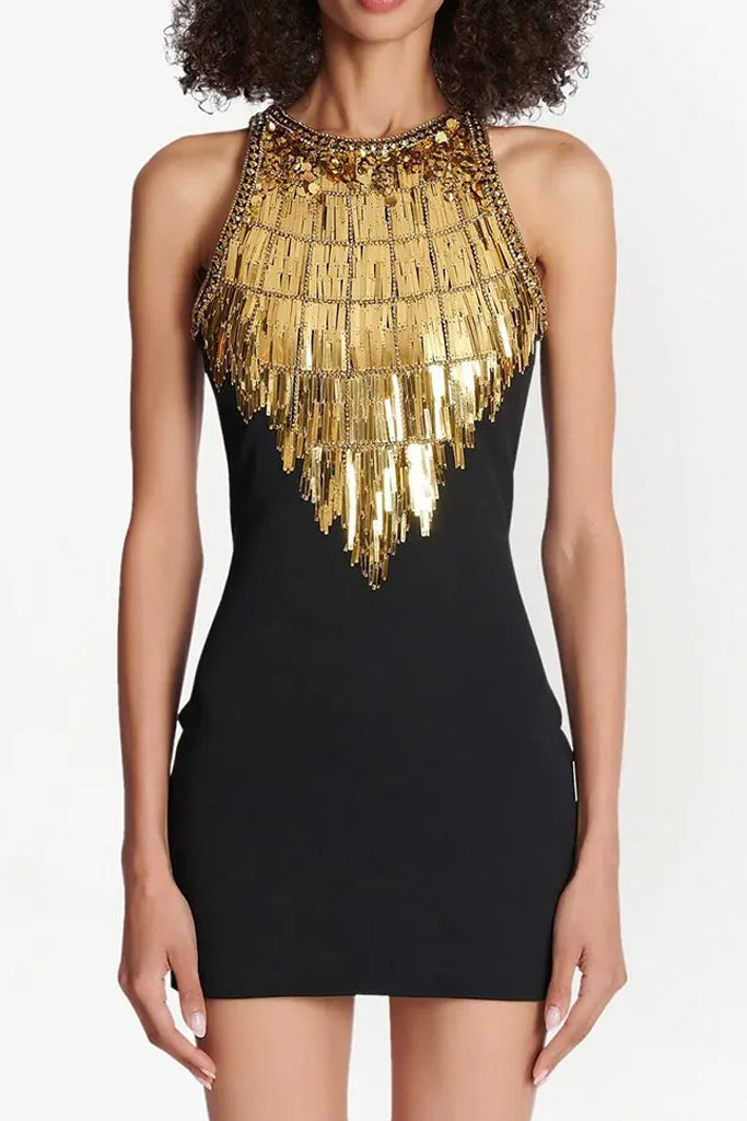 Madison Μαύρο Αμάνικο Φόρεμα με Κέντημα | Γυναικεία Φορέματα - Βραδινά | Madison Black Mini Gold Embellished Dress 