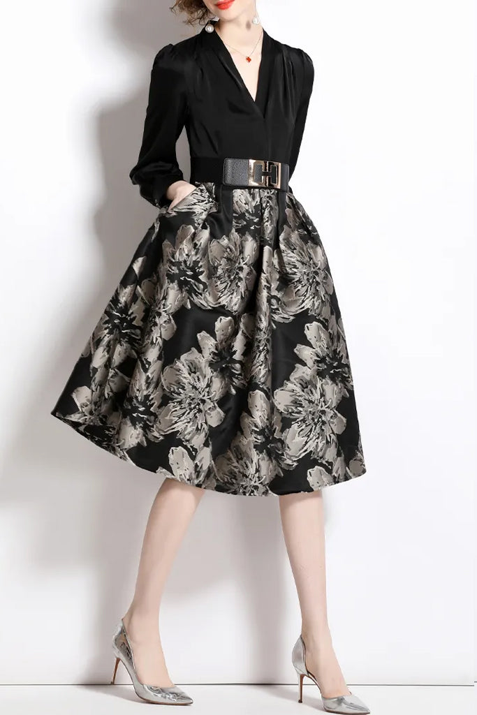 Ligne Μαύρο Γκρι Βραδινό Φλοράλ Φόρεμα | Γυναικεία Ρούχα - Φορέματα | Ligne Black Grey Floral Jacquard Dress