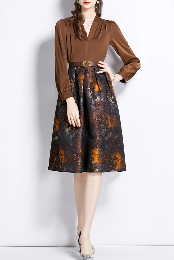 Blazé Καφέ Μπροκάρ Φόρεμα | Γυναικεία Φορέματα - Philip Lang | Blazé Brown Brocade Dress
