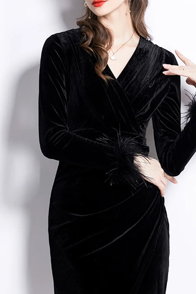 Pattia Μαύρο Βελούδο Κρουαζέ Ασύμμετρο Φόρεμα | Γυναικεία Ρούχα - Φορέματα | Pattia Black Velvet Wrap Asymmetrical Dress