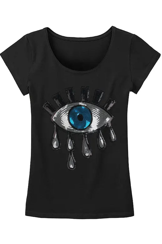 Eye Time Μαύρο Κοντομάνικο Μπλουζάκι με V | Γυναικεία Ρούχα T-Shirts - Eye Time  Black V-Neck T-Shirt with Eye Embroidery 