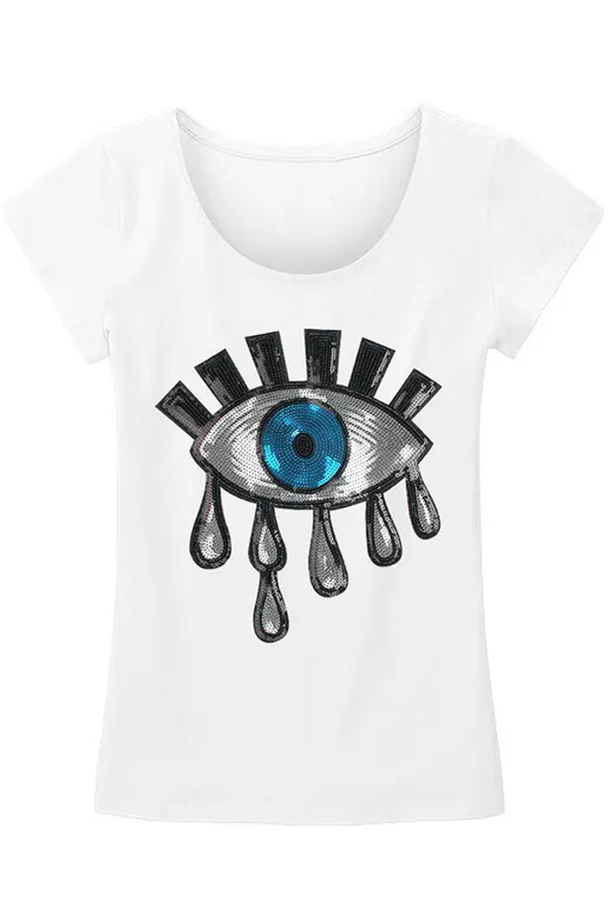 Eye Time  Λευκό Κοντομάνικο Μπλουζάκι με V | Γυναικεία Ρούχα T-Shirts - Eye Time  White V-Neck T-Shirt with Eye Embroidery 