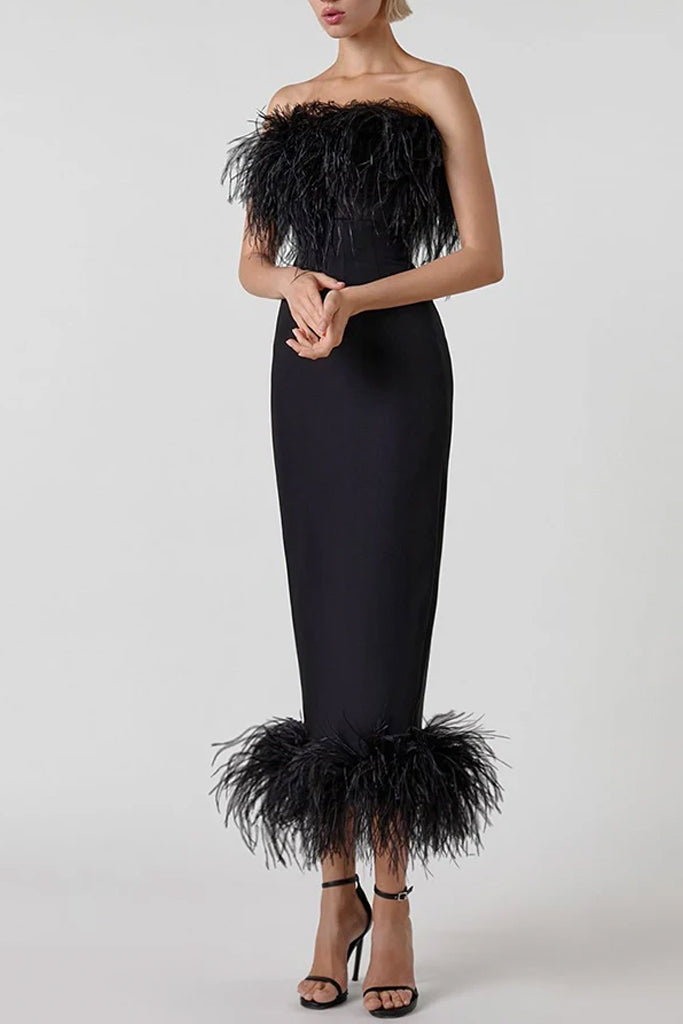 Idalia Μαύρο Μίντι Φόρεμα με Φτερά | Βραδινά Φορέματα Evening Dresses | Idalia Black Feather Midi Dress