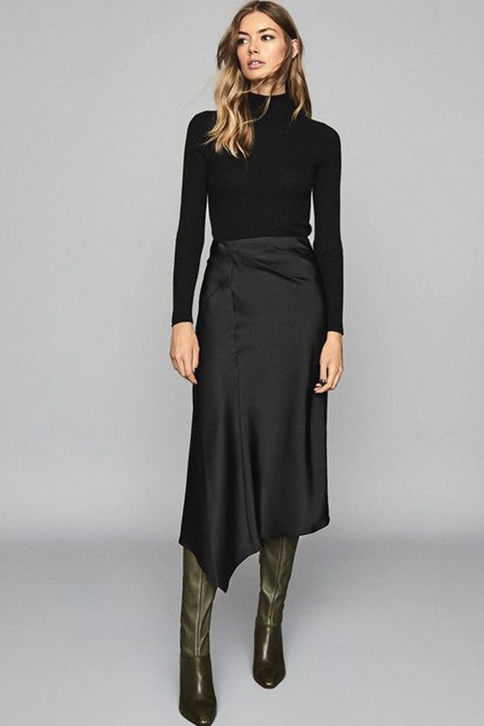 Tempy Black Satin Asymmetrical Skirt