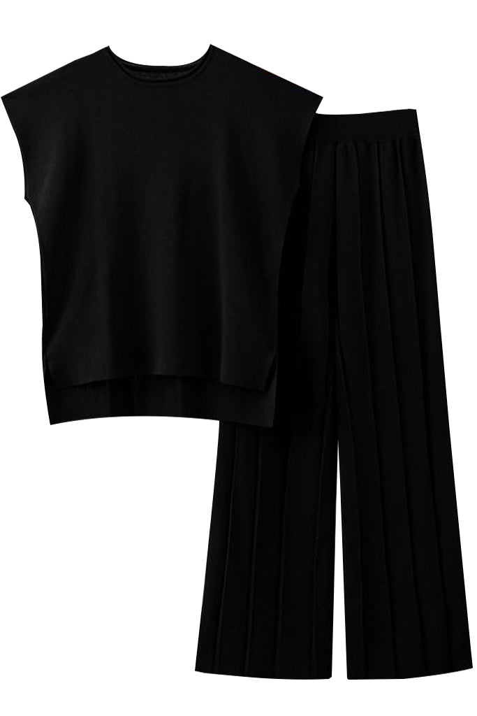 Naya Μαύρο Πλεκτό Σετ Τοπ και Παντελόνι | Γυναικεία Ρούχα - Πλεκτά Σετ | Naya Black Knitted Set with Asymmetric Top and Pants