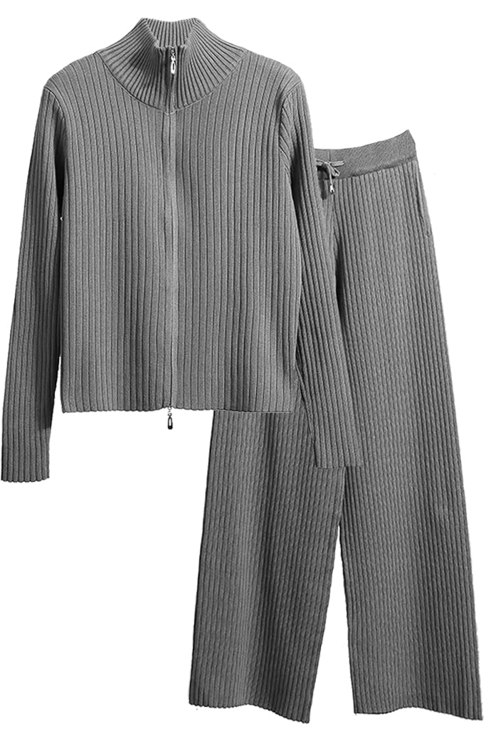 Jazelia Γκρι Πλεκτό Σετ Ζακέτα και Παντελόνι | Γυναικεία Ρούχα - Πλεκτά Σετ | Jazelia Grey Knit Set with Jacket and Trousers