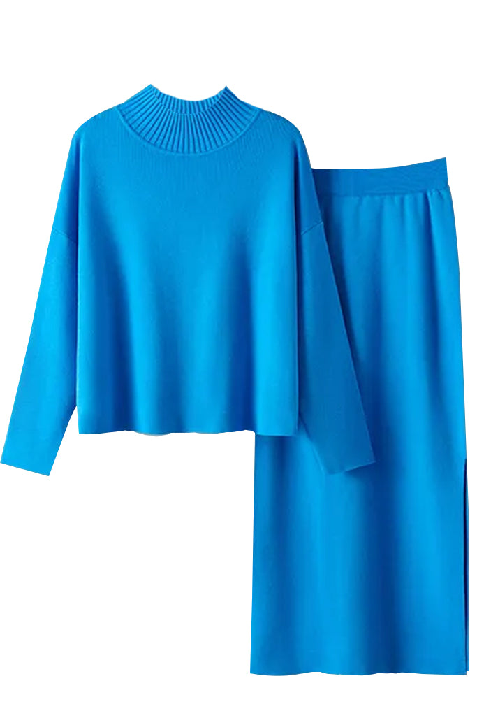 Kurt Μπλε Πλεκτό Σετ Τοπ και Φούστα | Γυναικεία Ρούχα - Πλεκτά Σετ | Kurt Blue Knit Set with Top and Skirt