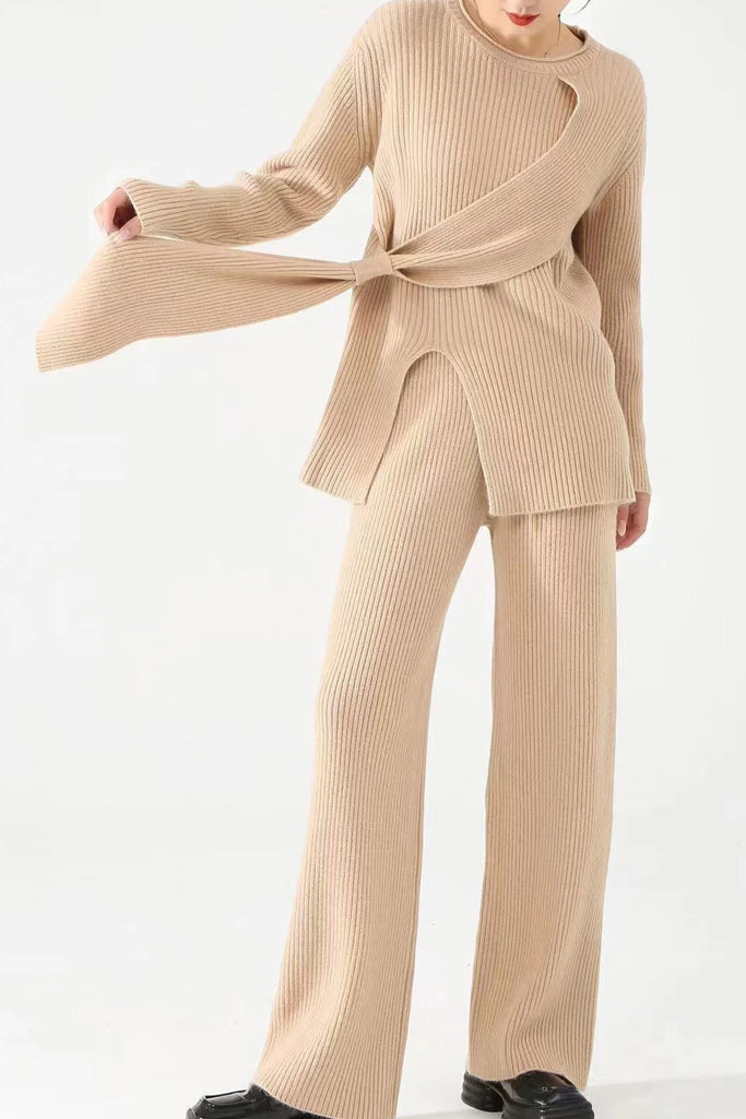 Giuliva Πλεκτό Σετ Μπλούζα και Παντελόνι | Γυναικεία Ρούχα - Πλεκτά Σετ | Giuliva Beige Knit Set with Top and Pants