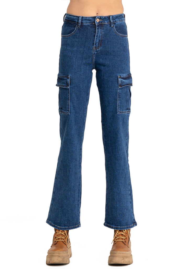 Cargo Μπλε Τζιν Ψηλόμεσο Παντελόνι με Πλαϊνές Τσέπες | Γυναικεία Ρούχα - Γυναικεία Παντελόνια 