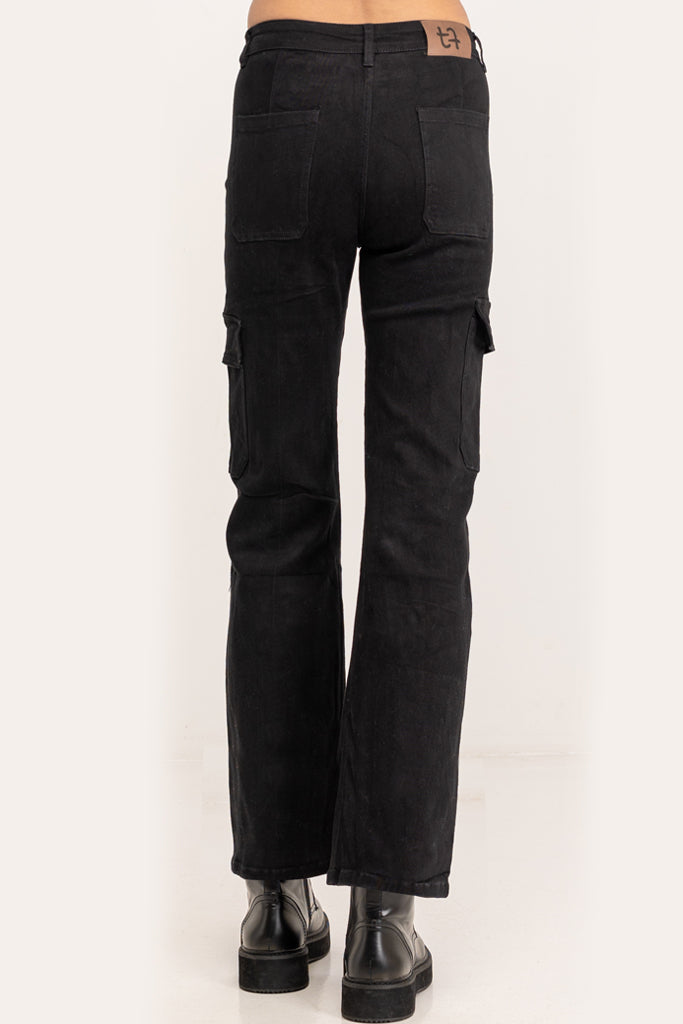 Soren Μαύρο Ψηλόμεσο Τζιν Παντελόνι με Πλαϊνές Τσέπες | Γυναικεία Ρούχα - Γυναικεία Παντελόνια  | Soren High Waist Cargo Jeans with Side Pockets