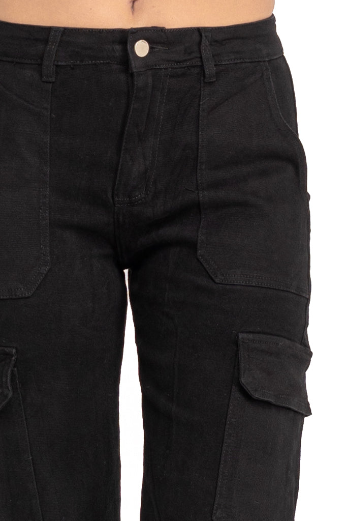 Soren Μαύρο Ψηλόμεσο Τζιν Παντελόνι με Πλαϊνές Τσέπες | Γυναικεία Ρούχα - Γυναικεία Παντελόνια  | Soren High Waist Cargo Jeans with Side Pockets