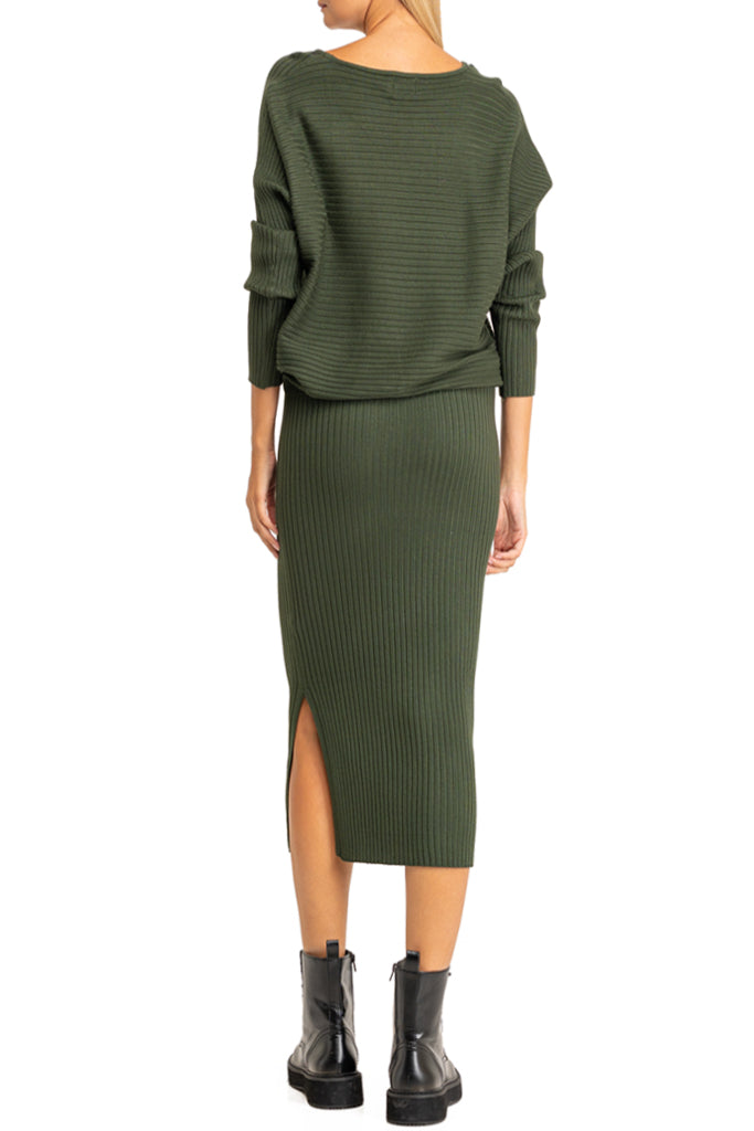 Briarty Olive Knit Set with Blouse and Skirt