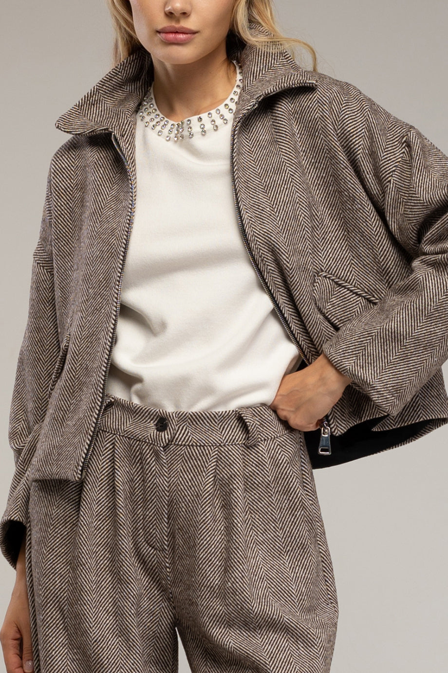 Odianne Μπουφάν με Φερμουάρ | Ζακέτες Μουφάν Cardigans | Odianne Herringbone Jacket with Zip Closure