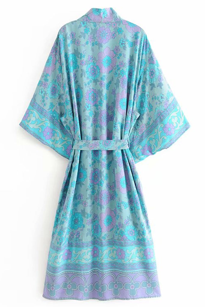 Asami Γαλάζιο Πολύχρωμο Εμπριμέ Κιμονό | Γυναικεία Ρούχα - Beachwear - Loungewear 