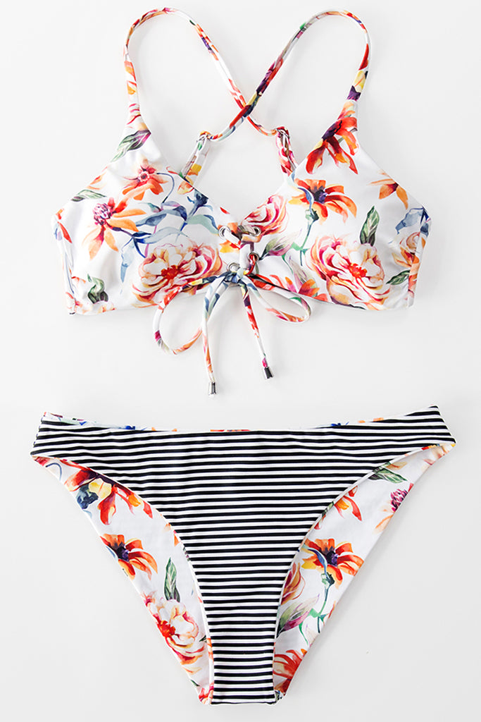 Derlia Λευκό Εμπριμέ Φλοράλ Μπικίνι Μαγιό (Διπλής Όψης) | Γυναικεία Μαγιό - Μπικίνι- Swimwear | Derlia White Floral Printed Bikini (Two sided)